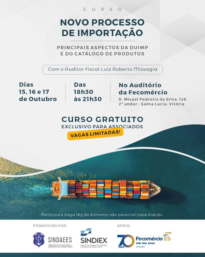 Cartaz do curso Novo Processo de Importação promovido pelo SINDAEES